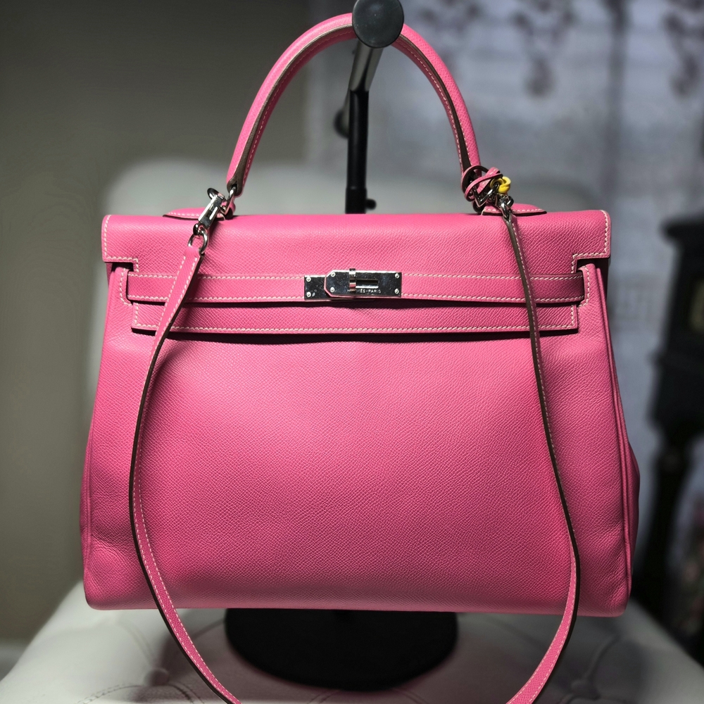 Hermès Kelly 35 bag in Rose Tyrien Epsom leather with palladium hardware. COA